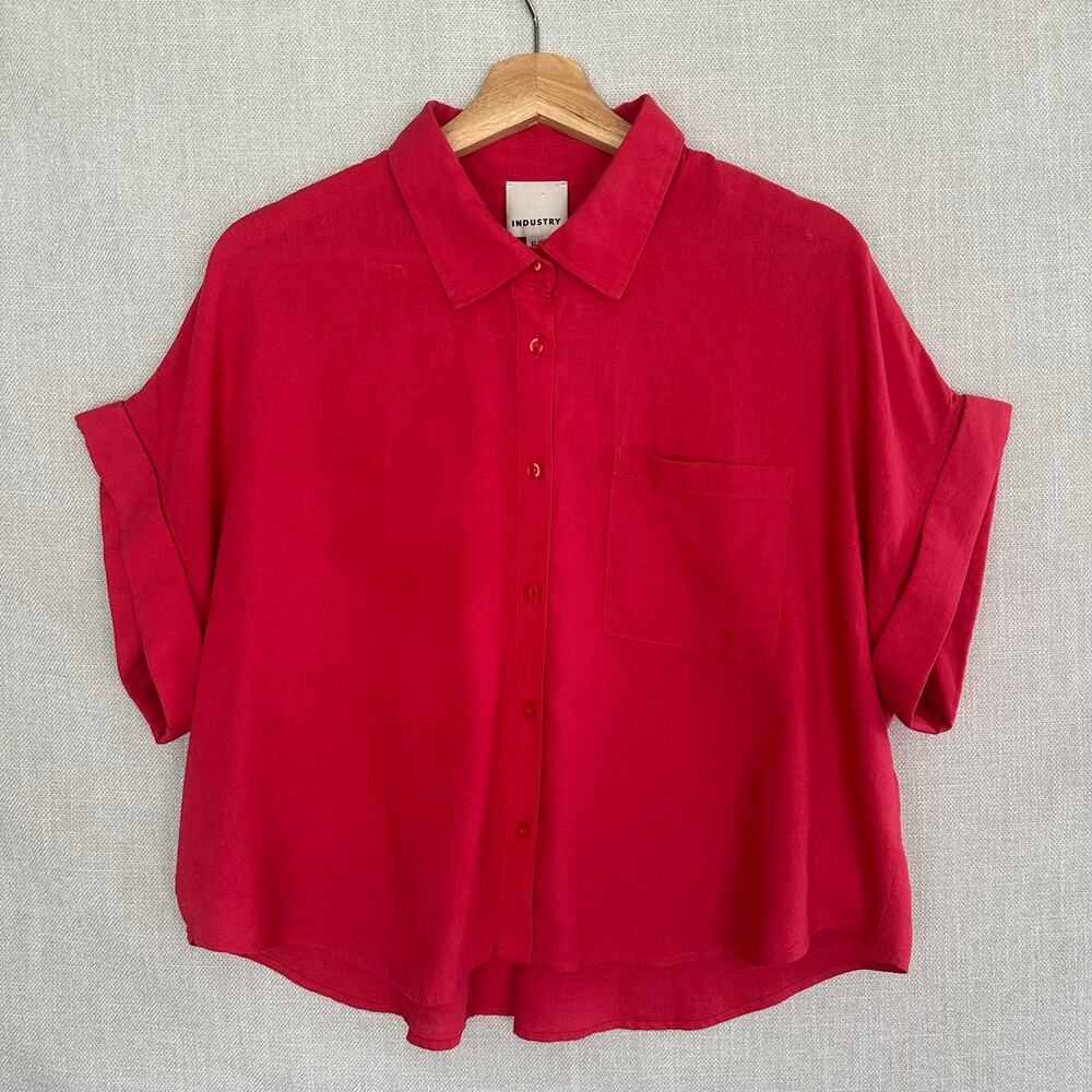 Industry Republic Linen Blend Button Down Boxy Shirt Red Women’s Size XL